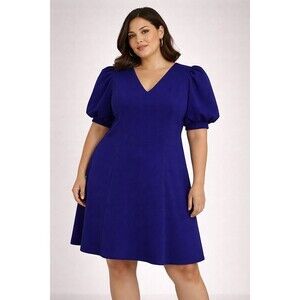 NWT DKNY Royal Blue Midi Dress Puff Srleeve Office Event Church Size 14W